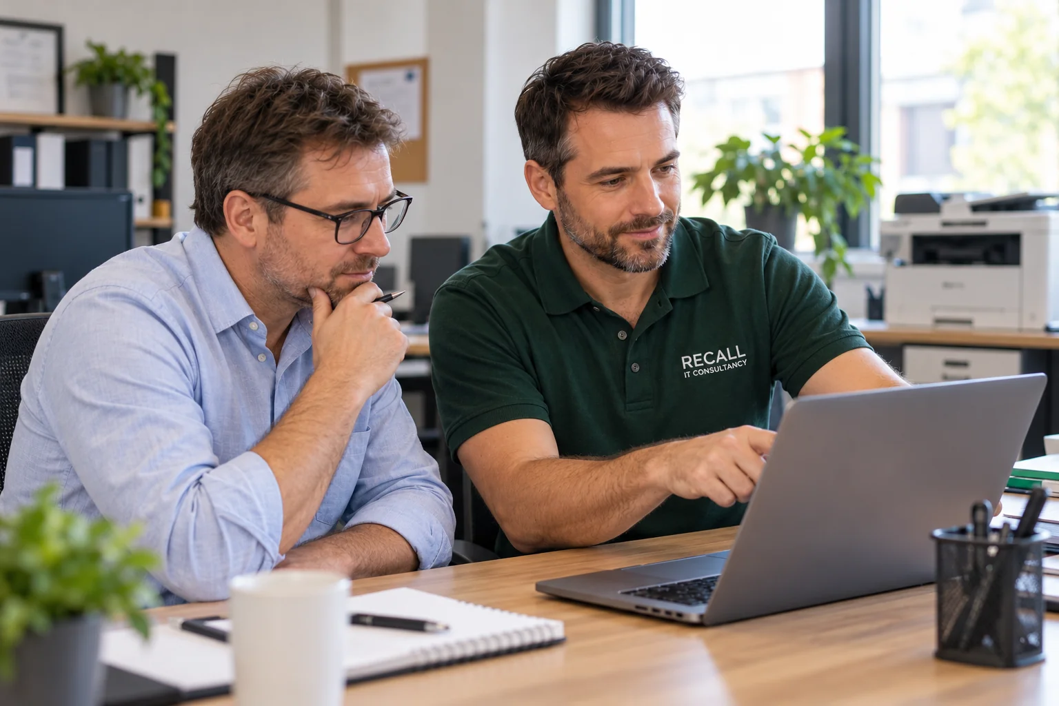 Illustrative scene of a consultant in a green Recall polo helping a client at a business desk