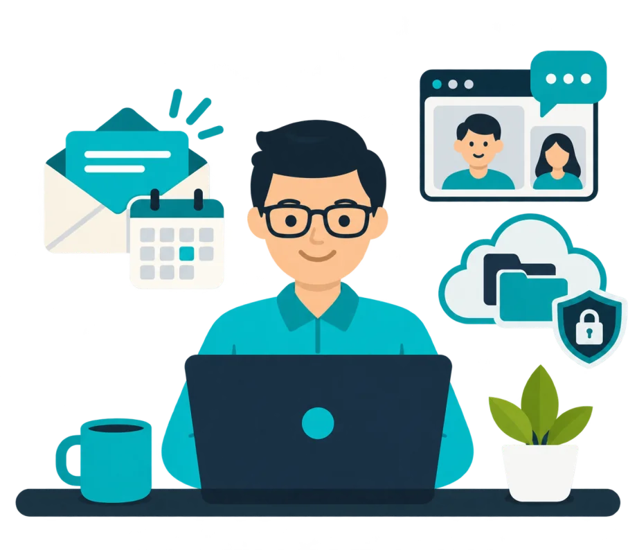 Recall’s illustrated IT worker with email, calendar, video-call and secure-cloud symbols